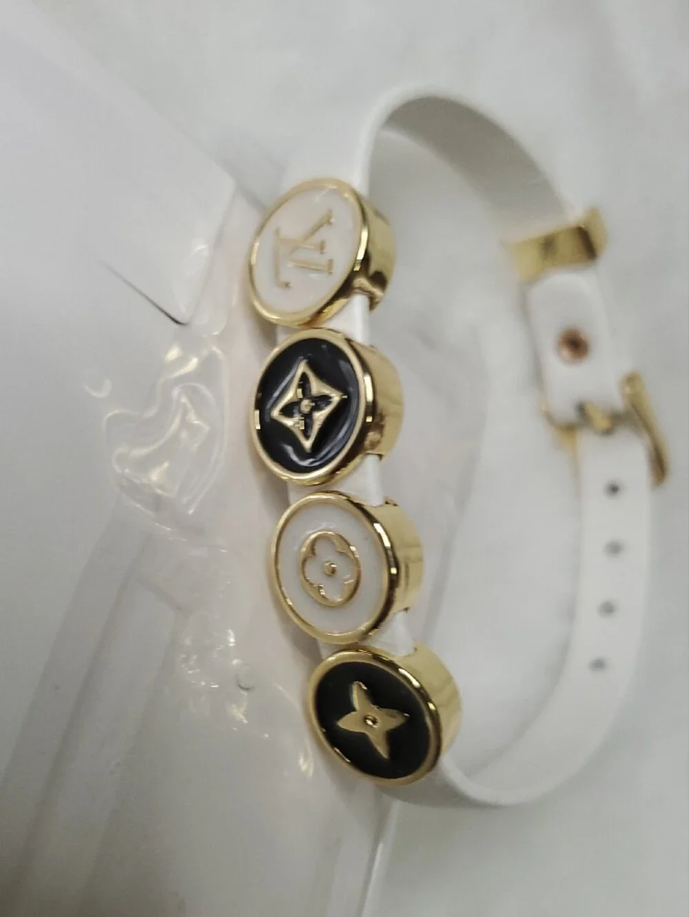 White  Bracelet with Gold and Black Monogram Discs